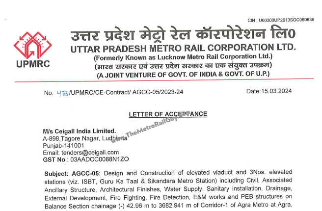Ceigall Awarded Agra Metro’s AGCC-05 Contract for Sikandra Link