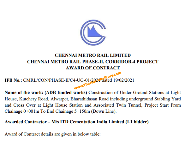 ITD Cem Awarded Chennai Metro Line-4’s Underground Contracts