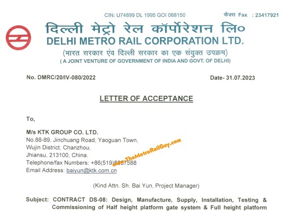 KTK Awarded Delhi Metro Phase 4’s Platform Screen Door Contract