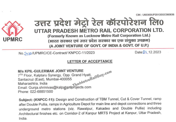 KPIL – Gulermak Awarded Kanpur Metro Line 2’s Underground Contract KNPCC-11