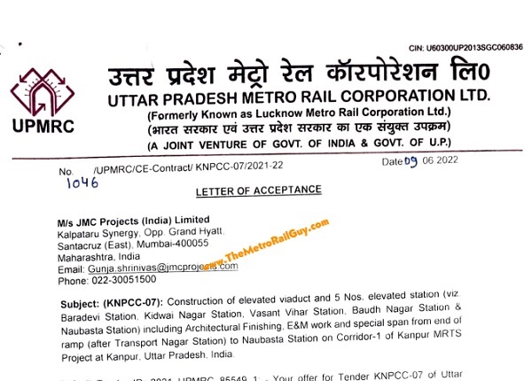 JMC Awarded Kanpur Metro’s 2nd Elevated Contract KNPCC-07