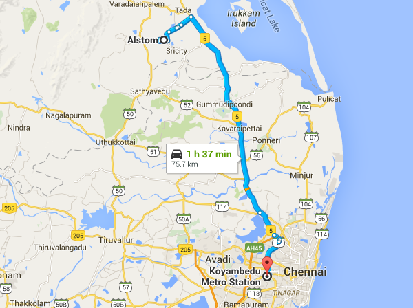 Route from Alstom's plant in Sri City,AP to Koyambedu Depot in Chennai