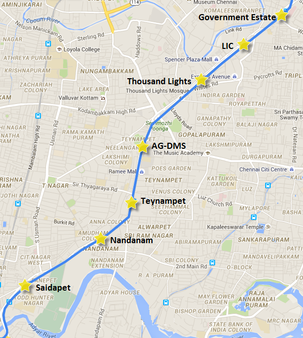 Section of Chennai Metro's Line 1 from Saidapet to Government Estate - view full map