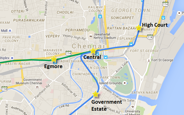 Route of Egmore-Central section - view full Chennai Metro map