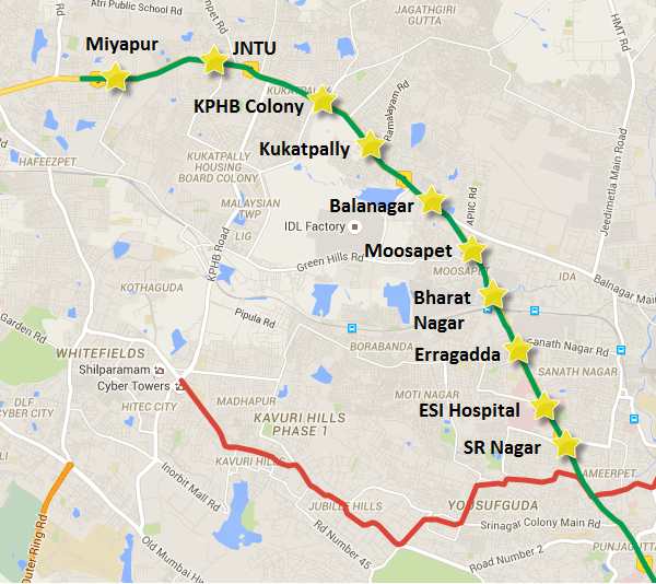 Route of Miyapur - SR Nagar section of the Miyapur-LB Nagar line - view full Hyderabad Metro map