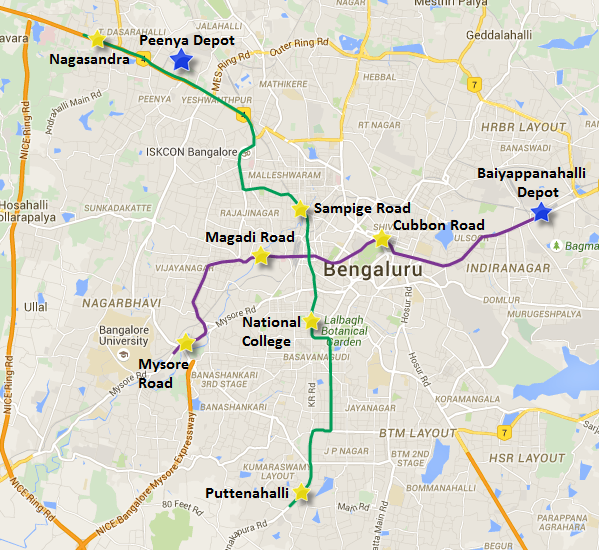 Different sections of Bangalore Metro's Phase 1 Project
