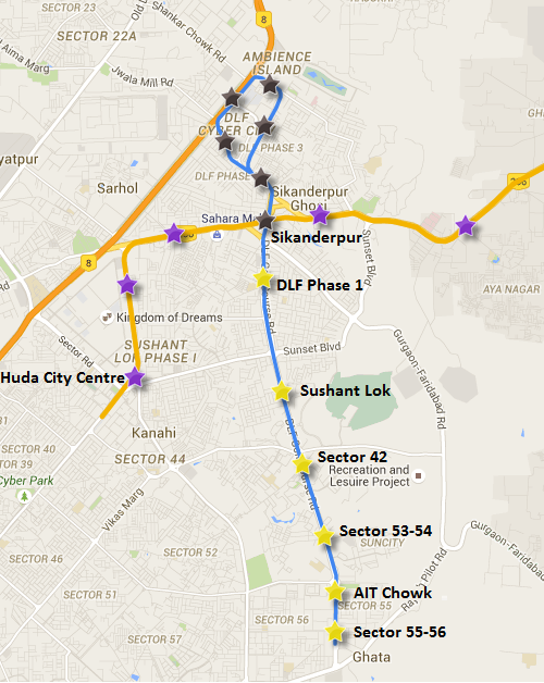Yellow stars - Stations along Gurgaon Metro's under construction 7 km southern extension