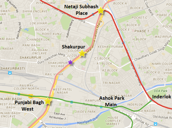 Purple star indicates location of Brittania Chowk section of the Pink line