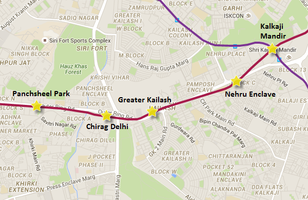 Alignment of Chirag Delhi - Greater Kailash metro ; view Delhi Metro map