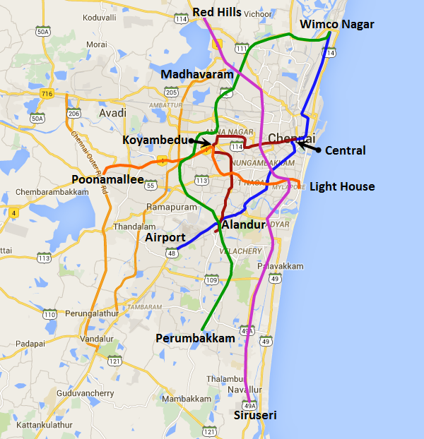 Alignment of lines proposed for Chennai Metro's 123 Km Phase 2 Project