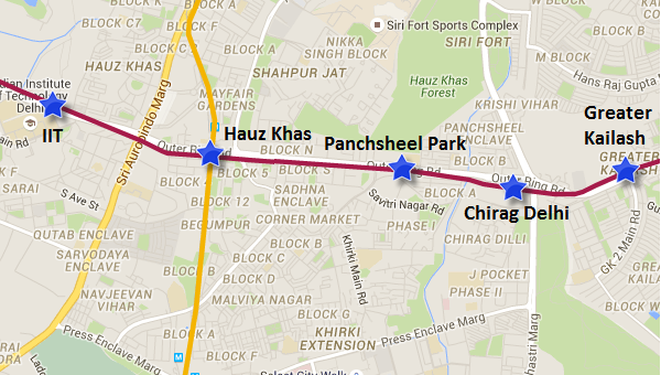 Alignment of Chirag Delhi - Panchsheel Park section