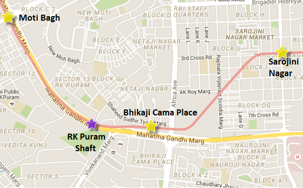 Location & alignment of the RK Puram shaft to Bhikaji Cama Place section of Delhi Metro's Pink line