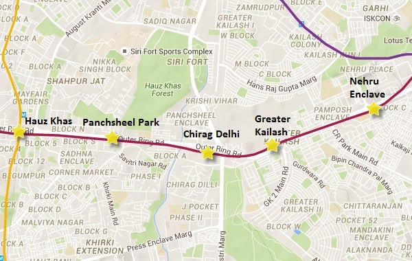 Alignment of Chirag Delhi - Greater Kailash section - view Delhi Metro information