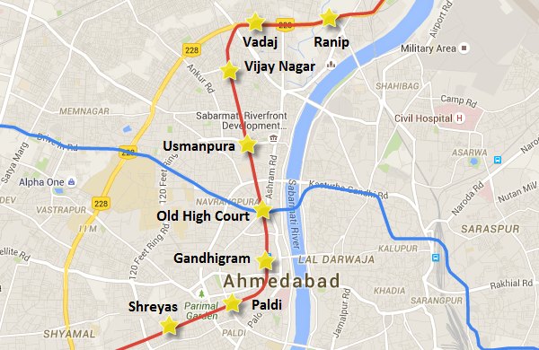 Alignment from Shreyas to Ranip - view Ahmedabad Metro map and information