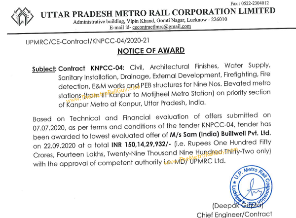 Sam India Awarded Kanpur Metro’s Station Finishing Contract
